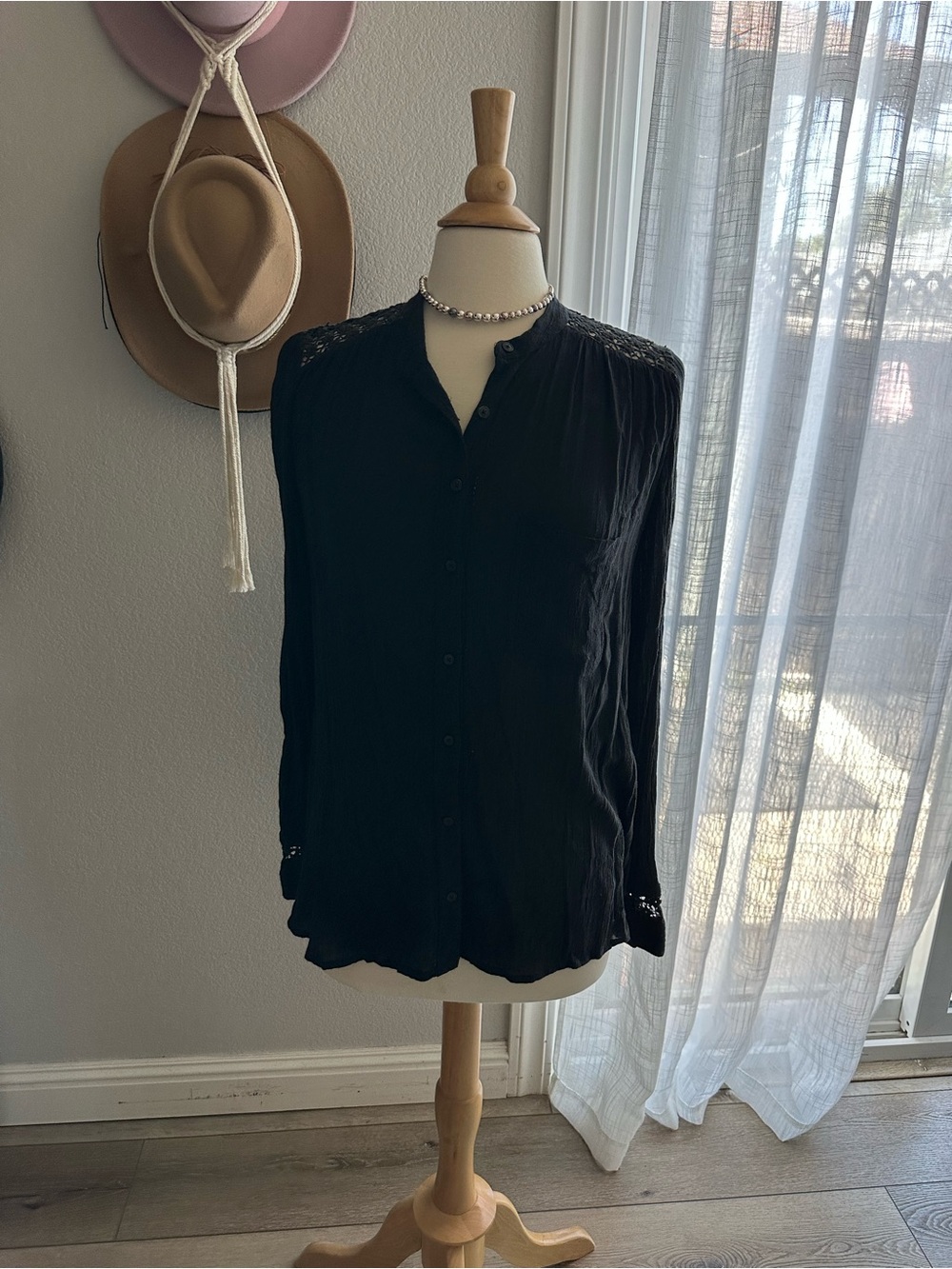Free People Black Button-Up Lace Shoulder Blouse